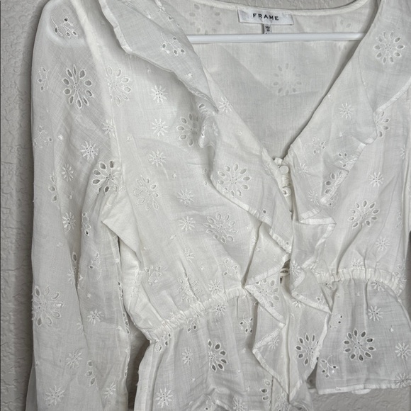 NEW Frame Ruffle-Front Eyelet Top White Raime Cotton Size XS Feminine Western - Picture 6 of 8